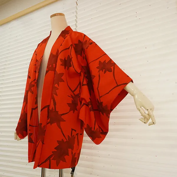 Vintage Haori Kimono Jacket Silk,Vivid Red base,  Maple Leaves