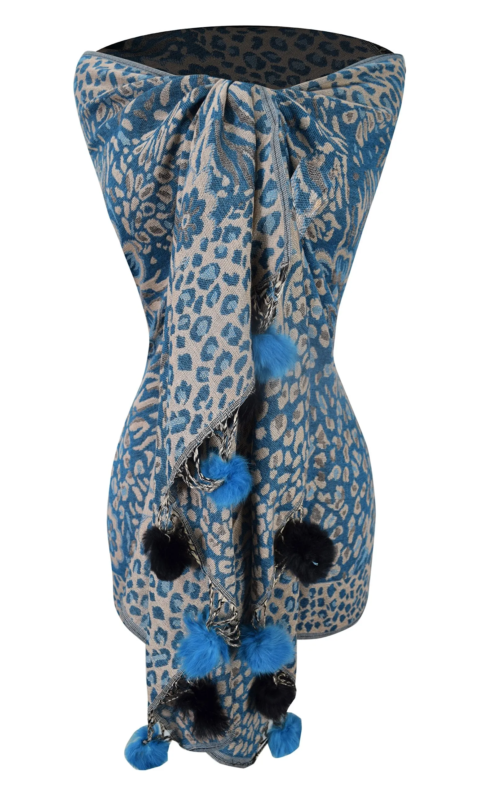 Women's Retro Style Warm Floral Animal Print Pashmina Scarf with Faux Fur Poms